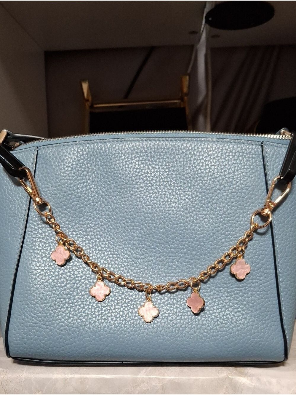 Gold Handbag Accessory Chain With Pink Clover Charm Accents
